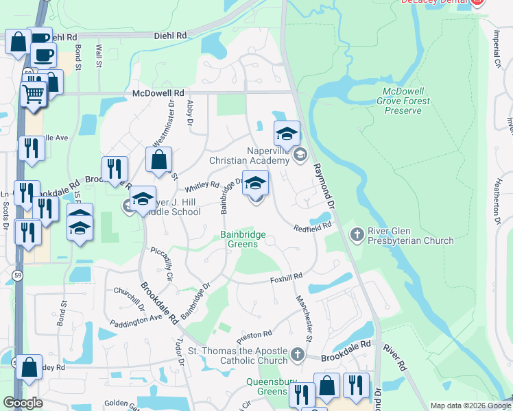 map of restaurants, bars, coffee shops, grocery stores, and more near 1200 Redfield Road in Naperville