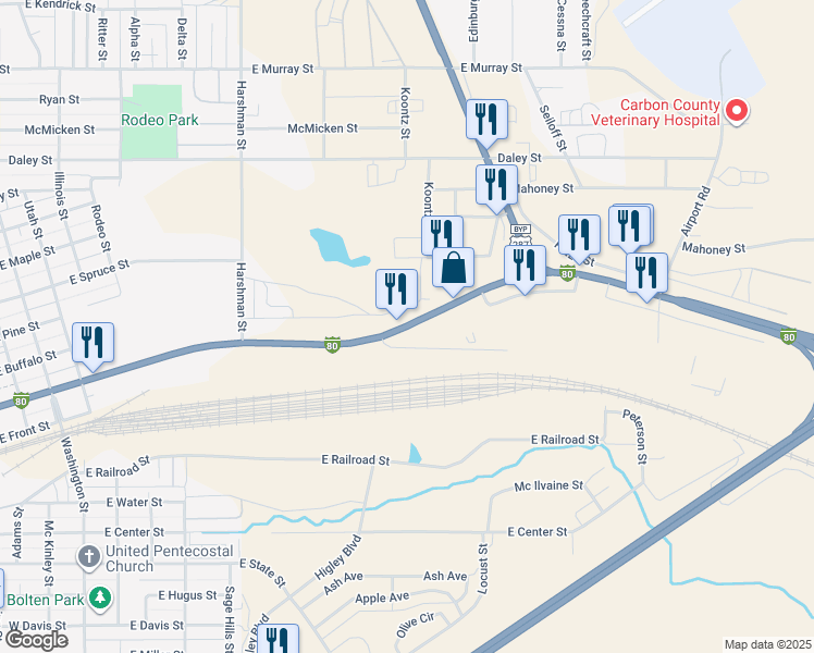map of restaurants, bars, coffee shops, grocery stores, and more near Highway 287 in Rawlins