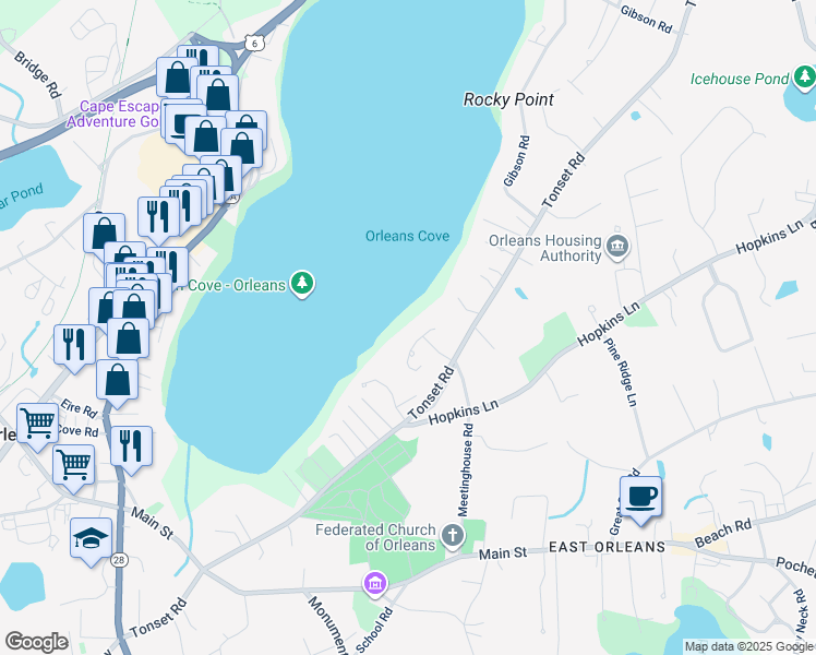 map of restaurants, bars, coffee shops, grocery stores, and more near 27 Seacrest Drive in Orleans