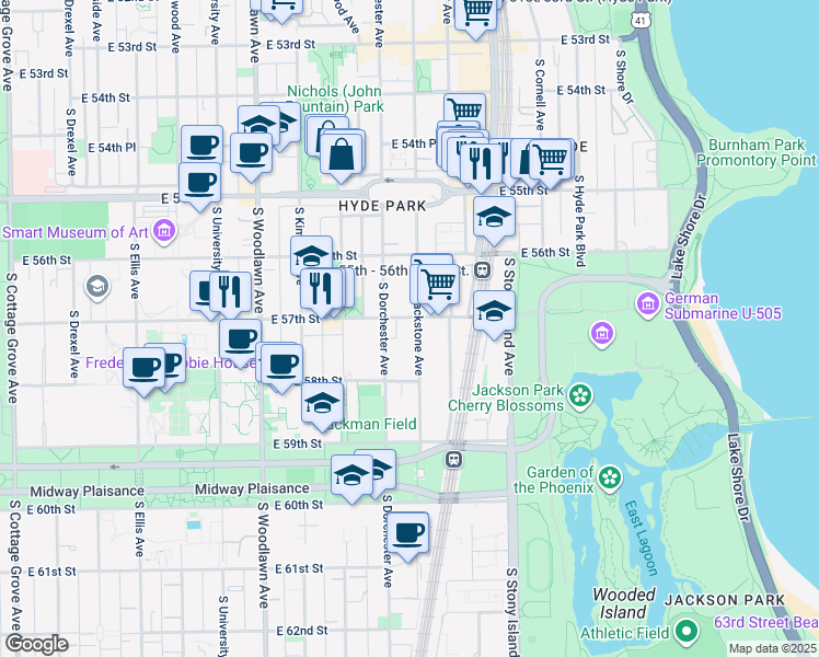 map of restaurants, bars, coffee shops, grocery stores, and more near 1413 East 57th Street in Chicago