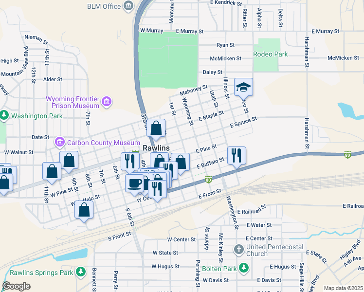 map of restaurants, bars, coffee shops, grocery stores, and more near 101 East Spruce Street in Rawlins