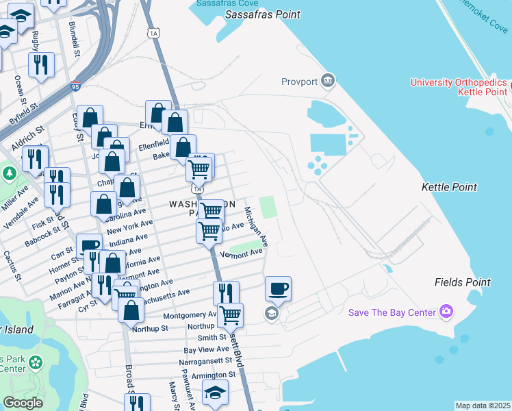map of restaurants, bars, coffee shops, grocery stores, and more near 1 Michigan Avenue in Providence