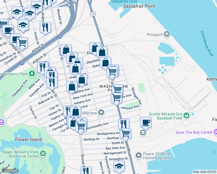 map of restaurants, bars, coffee shops, grocery stores, and more near 845 Allens Avenue in Providence