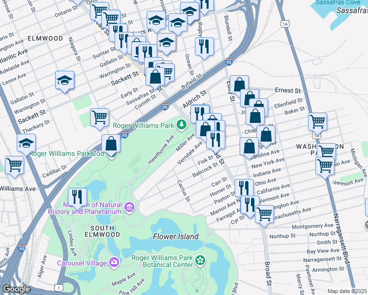 map of restaurants, bars, coffee shops, grocery stores, and more near 34 Miller Avenue in Providence