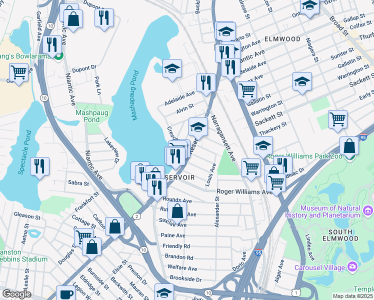 map of restaurants, bars, coffee shops, grocery stores, and more near 1 Crescent Street in Providence