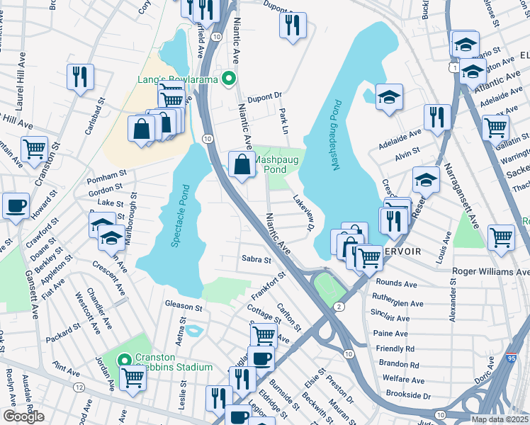 map of restaurants, bars, coffee shops, grocery stores, and more near 487 Niantic Avenue in Cranston