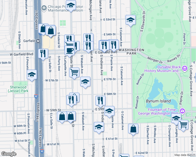 map of restaurants, bars, coffee shops, grocery stores, and more near 5648 South Indiana Avenue in Chicago