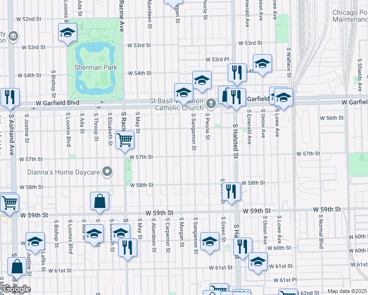 map of restaurants, bars, coffee shops, grocery stores, and more near 5631 South Morgan Street in Chicago