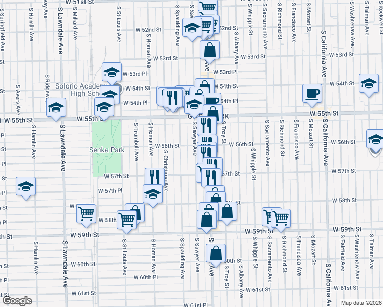 map of restaurants, bars, coffee shops, grocery stores, and more near 5602 South Sawyer Avenue in Chicago