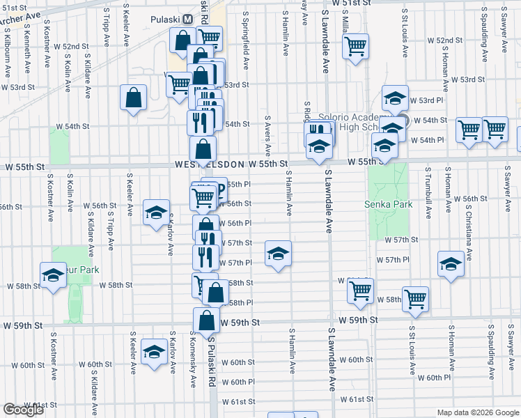 map of restaurants, bars, coffee shops, grocery stores, and more near 3844 West 56th Street in Chicago