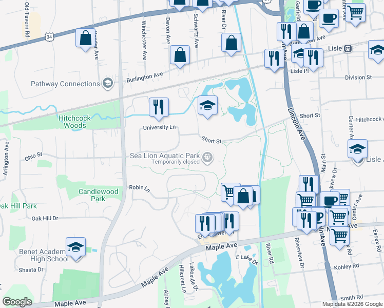 map of restaurants, bars, coffee shops, grocery stores, and more near in Lisle