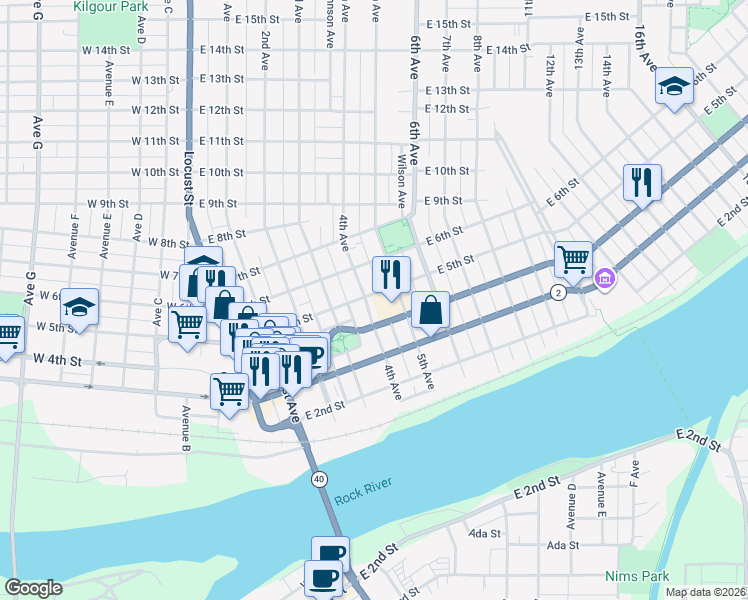 map of restaurants, bars, coffee shops, grocery stores, and more near 502 4th Avenue in Sterling