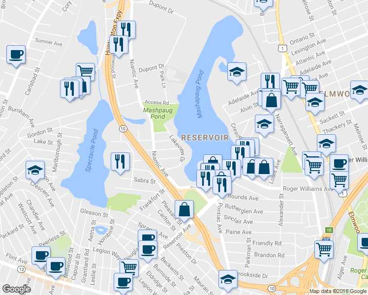 map of restaurants, bars, coffee shops, grocery stores, and more near 130 Lakeview Drive in Cranston