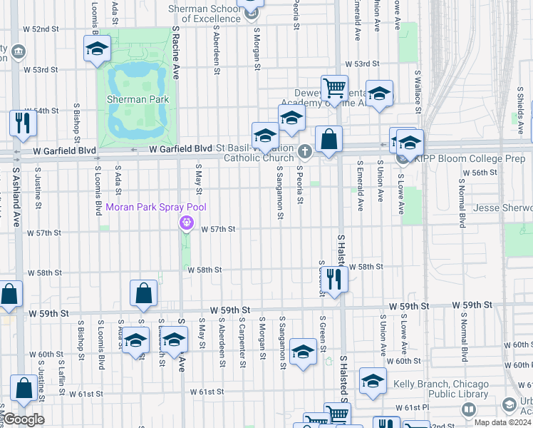 map of restaurants, bars, coffee shops, grocery stores, and more near 5631 South Morgan Street in Chicago