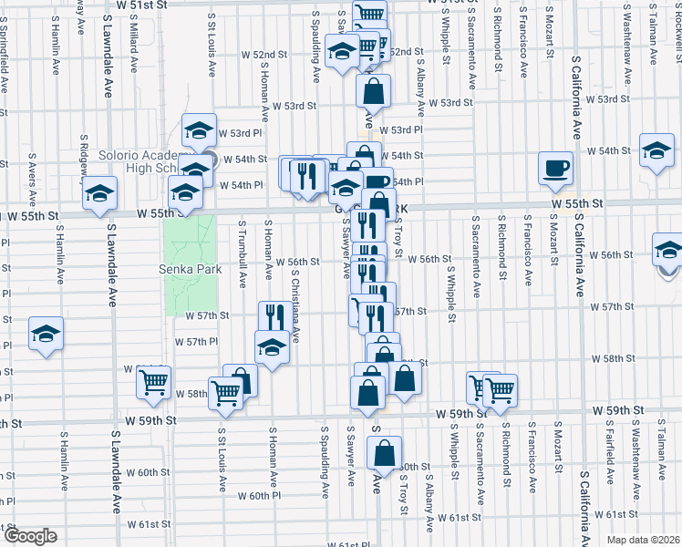 map of restaurants, bars, coffee shops, grocery stores, and more near 5602 South Sawyer Avenue in Chicago