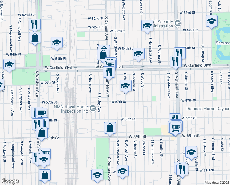map of restaurants, bars, coffee shops, grocery stores, and more near 5628 South Winchester Avenue in Chicago