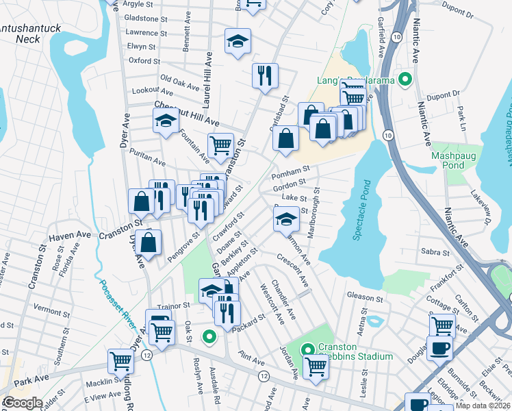 map of restaurants, bars, coffee shops, grocery stores, and more near 11 Crawford Street in Cranston