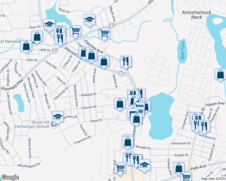 map of restaurants, bars, coffee shops, grocery stores, and more near 235 Holland Street in Cranston