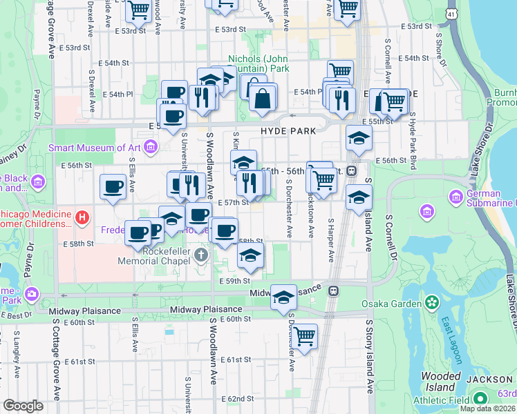 map of restaurants, bars, coffee shops, grocery stores, and more near 1321 East 57th Street in Chicago