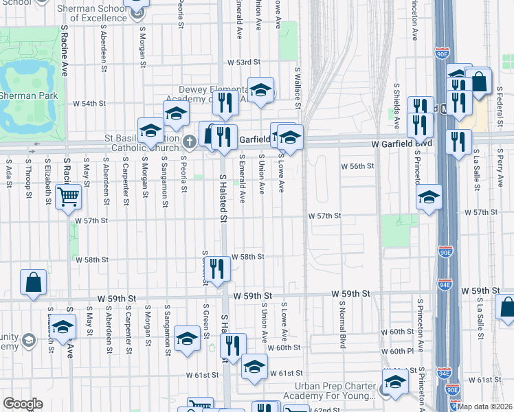map of restaurants, bars, coffee shops, grocery stores, and more near 5635 South Emerald Avenue in Chicago