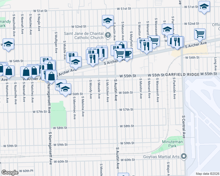 map of restaurants, bars, coffee shops, grocery stores, and more near 5532 South Austin Avenue in Chicago