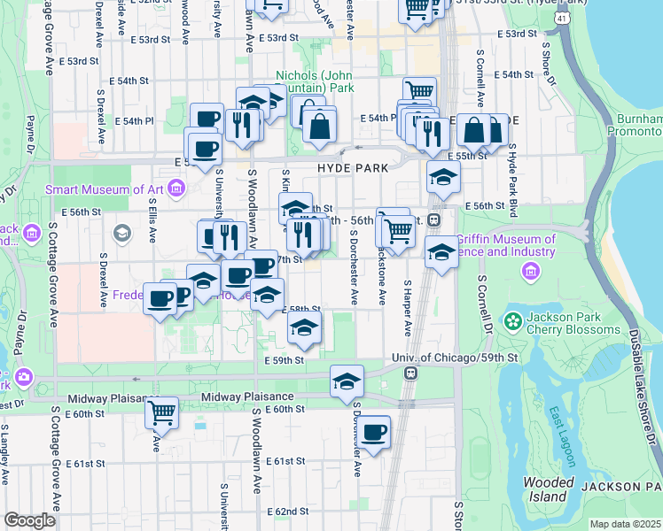 map of restaurants, bars, coffee shops, grocery stores, and more near 5703 South Kenwood Avenue in Chicago