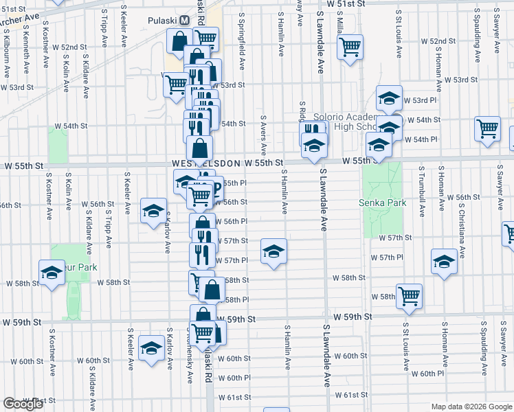map of restaurants, bars, coffee shops, grocery stores, and more near 3844 West 56th Street in Chicago
