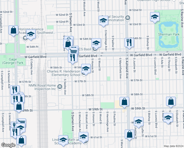 map of restaurants, bars, coffee shops, grocery stores, and more near 5619 South Honore Street in Chicago