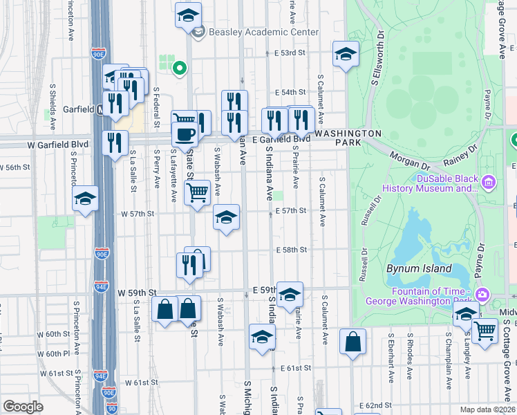 map of restaurants, bars, coffee shops, grocery stores, and more near 5648 South Indiana Avenue in Chicago