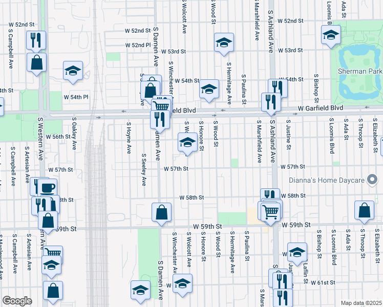 map of restaurants, bars, coffee shops, grocery stores, and more near 5618 South Wolcott Avenue in Chicago