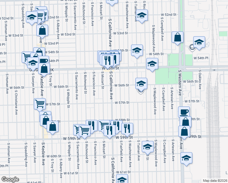 map of restaurants, bars, coffee shops, grocery stores, and more near 5610 South Fairfield Avenue in Chicago
