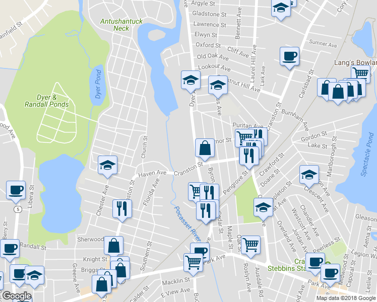 map of restaurants, bars, coffee shops, grocery stores, and more near 1381 Cranston Street in Cranston