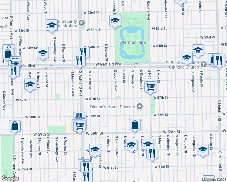 map of restaurants, bars, coffee shops, grocery stores, and more near 5626 South Loomis Boulevard in Chicago