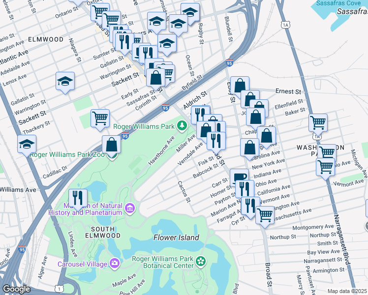 map of restaurants, bars, coffee shops, grocery stores, and more near 34 Miller Avenue in Providence