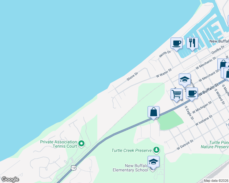 map of restaurants, bars, coffee shops, grocery stores, and more near 1436 Shore Drive in New Buffalo