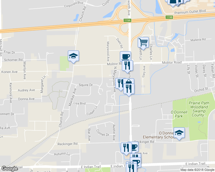 map of restaurants, bars, coffee shops, grocery stores, and more near 1275 Marywood Court in Aurora