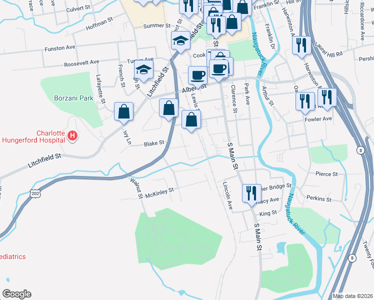 map of restaurants, bars, coffee shops, grocery stores, and more near 58 Broad St in Torrington