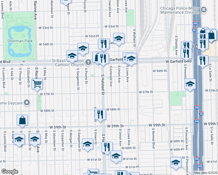 map of restaurants, bars, coffee shops, grocery stores, and more near 5642 South Emerald Avenue in Chicago