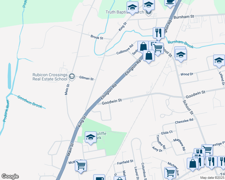 map of restaurants, bars, coffee shops, grocery stores, and more near 107 U.S. 5 in East Hartford