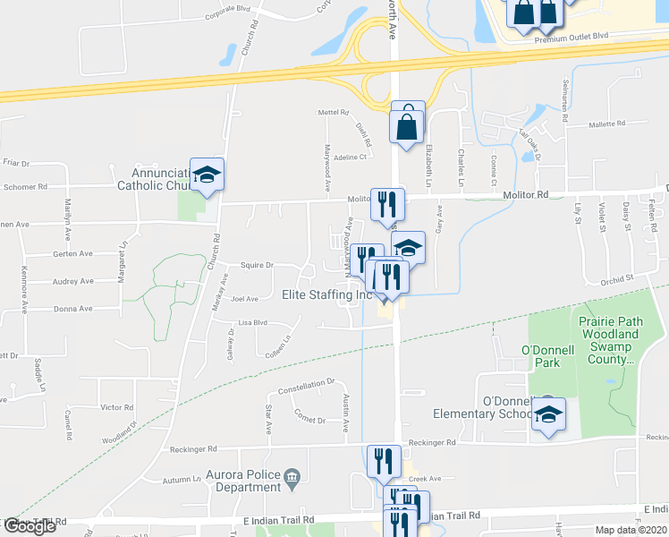 map of restaurants, bars, coffee shops, grocery stores, and more near 1253 Marywood Court in Aurora
