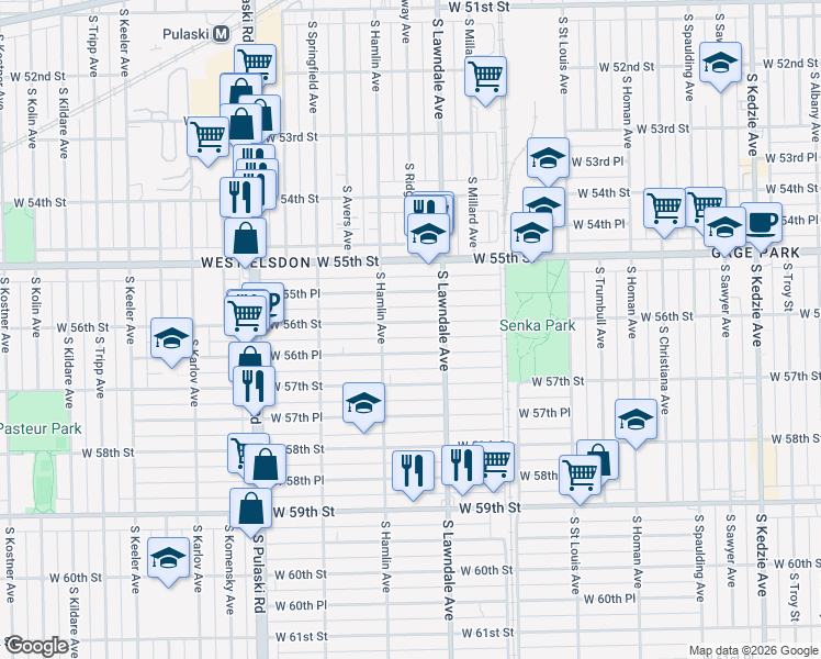 map of restaurants, bars, coffee shops, grocery stores, and more near 3733 West 56th Street in Chicago