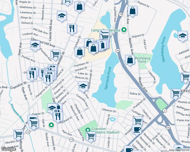 map of restaurants, bars, coffee shops, grocery stores, and more near 100 Lake Street in Cranston
