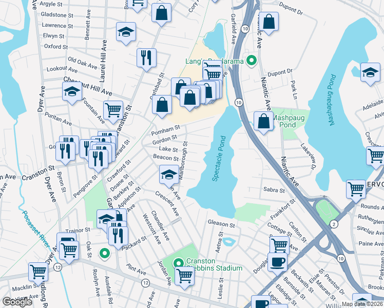 map of restaurants, bars, coffee shops, grocery stores, and more near 100 Lake Street in Cranston
