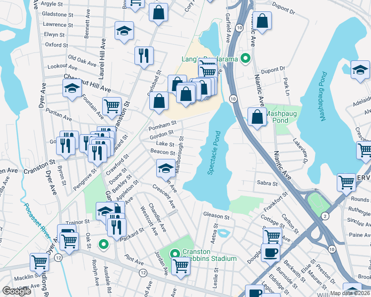 map of restaurants, bars, coffee shops, grocery stores, and more near 100 Lake Street in Cranston