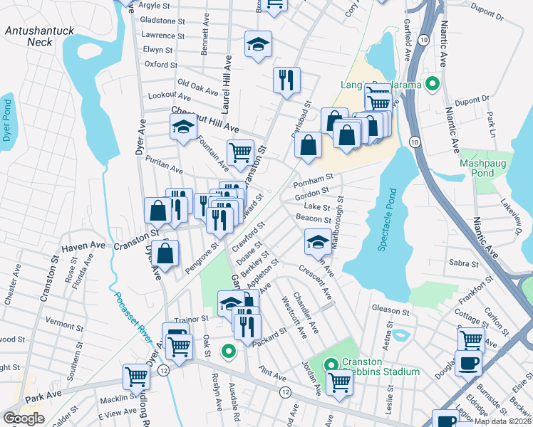 map of restaurants, bars, coffee shops, grocery stores, and more near 11 Crawford Street in Cranston