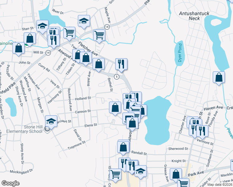 map of restaurants, bars, coffee shops, grocery stores, and more near 235 Holland Street in Cranston