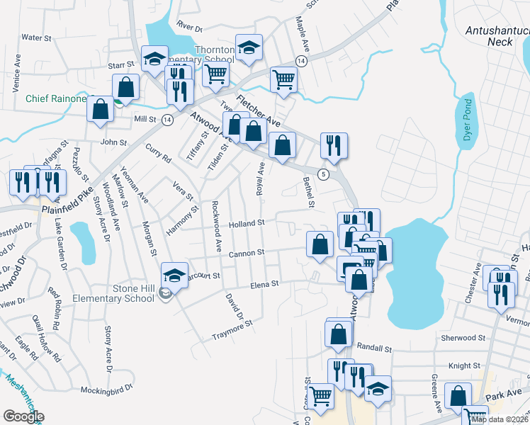 map of restaurants, bars, coffee shops, grocery stores, and more near 80 Royal Avenue in Cranston
