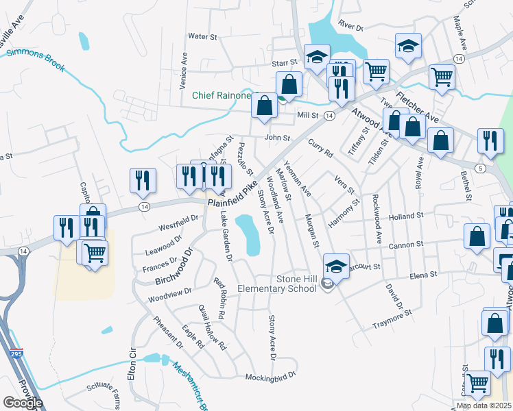 map of restaurants, bars, coffee shops, grocery stores, and more near 29 Stony Acre Drive in Cranston