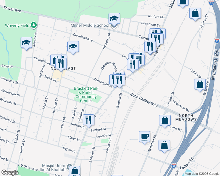 map of restaurants, bars, coffee shops, grocery stores, and more near 18 Kensington Street in Hartford