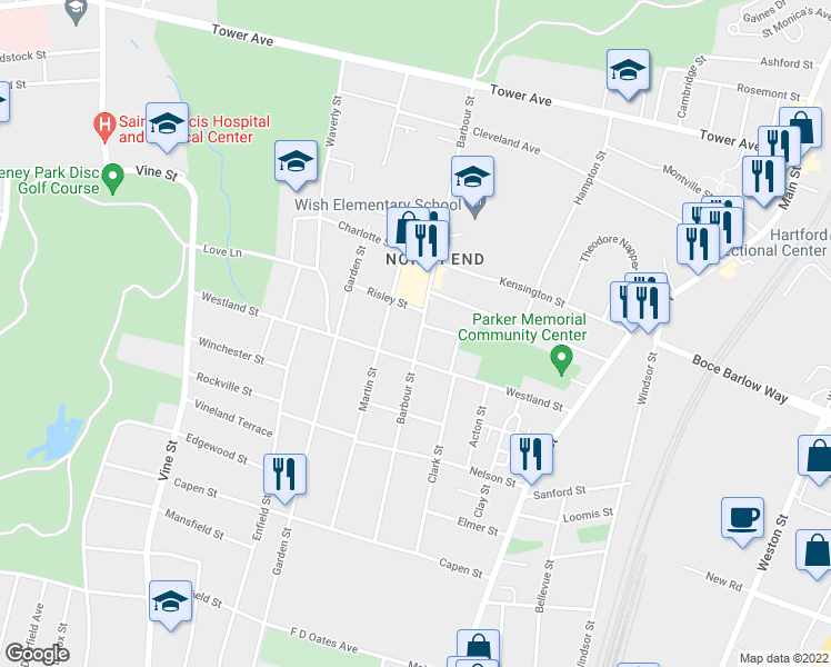 map of restaurants, bars, coffee shops, grocery stores, and more near 225 Barbour Street in Hartford